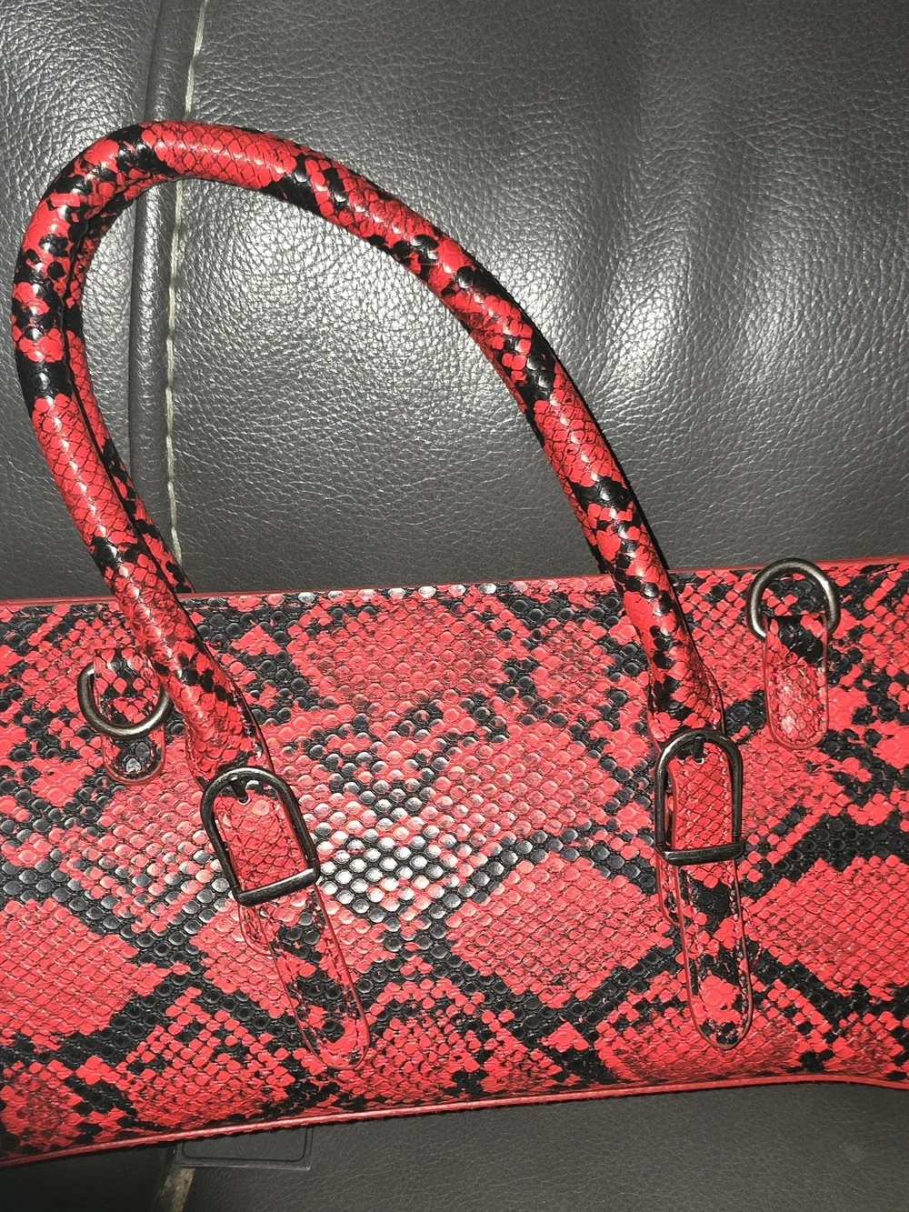 Ed Hardy Red and Black Snake-Print Satchel with Charm Chain